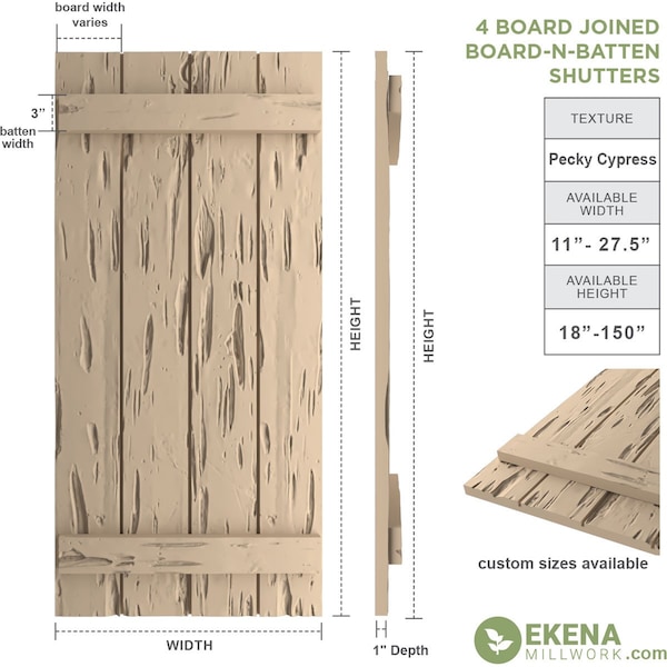 Rustic Four Board Joined Board-n-Batten Pecky Cypress Faux Wood Shutters, 22W X 40H